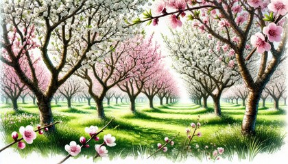 Fototapeta premium Peach Blossom Orchard in Spring , watercolor style