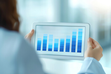 Person holding a tablet displaying a bar graph, representing business analytics and data visualization in a modern office environment.