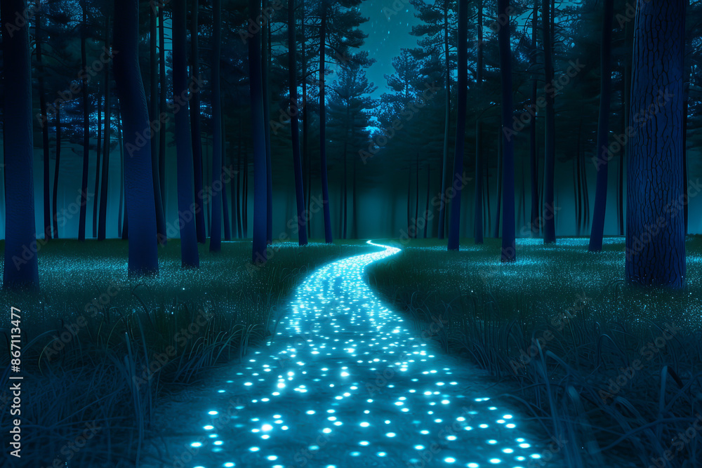 Poster serene night forest with a glowing path illuminated by bioluminescent light, creating a magical and 