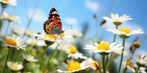 Butterfly on Daisy Flower in a Field