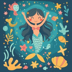 A colorful illustration of a mermaid surrounded by sea creatures