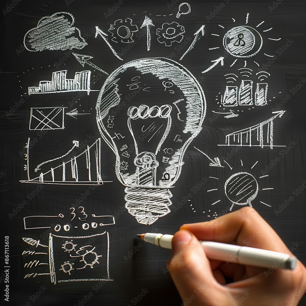 Poster a person is drawing a light bulb on a chalkboard with various shapes and numbers