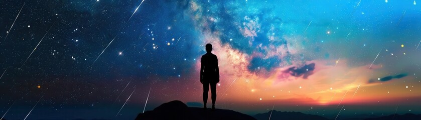 Obraz premium Silhouette of a person watching a meteor shower and a colorful night sky filled with stars and nebulae.