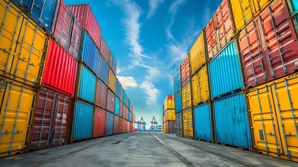 Fototapeta premium colorful shipping containers stacked inside a spacious warehouse.