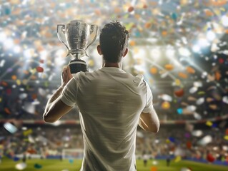 Victorious Soccer Player Raising Trophy Amidst Confetti and Spotlights in Stadium