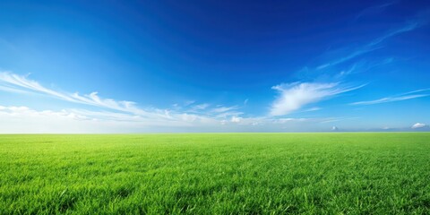 Obraz premium Green grass field background with clear blue sky, nature, summer, outdoors, landscape, rural, meadow, environment, scenic