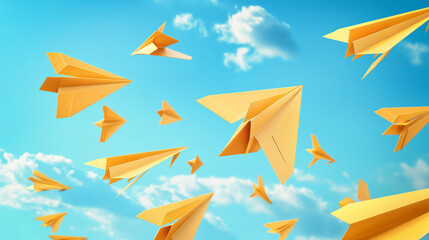 School notebook background. 3d flying yellow paper airplanes. Vector cartoon children planes 