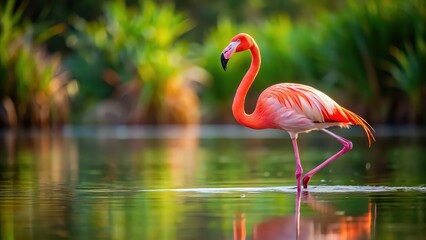Fototapeta premium Vibrant pink flamingo bird standing gracefully in water , exotic, wildlife, tropical, beak, feathers, elegant, beautiful
