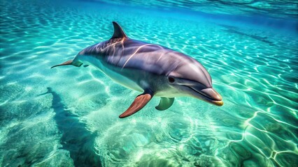 Fototapeta premium Playful dolphin swimming gracefully in crystal clear turquoise waters, marine life, ocean, intelligent, aquatic, free