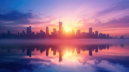 Fototapeta premium City skyline at dawn, morning mist, rising sun, skyline silhouette, focus on, copy space, rich colors, Double exposure silhouette with sunrise