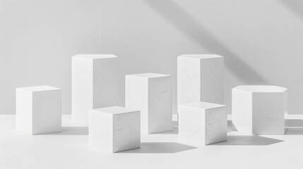 several white hexagonal prisms, clean edges, smooth surfaces, arranged at varying heights, casting soft shadows on a light gray background