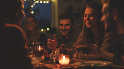 Group of cheerful young people playing game while sitting at table during dinner party in dark room
