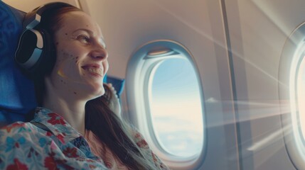 Fototapeta premium Young Woman in Airplane Seat Enjoying Flight