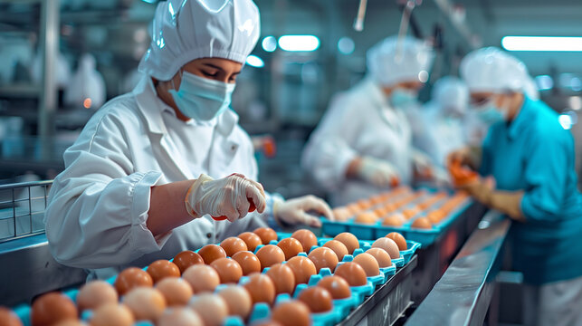 group of adult highly skilled workers carry out quality control on eggs in chicken farm