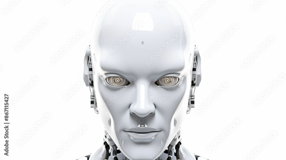 Poster smart android head close up with humanoid features. futuristic robot face concept with white sleek d