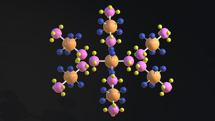 A colorful molecule with pink, yellow, and blue spheres. The molecule is floating in the air, Atom Protons And Electrons, A detailed 3D illustration of a molecule, elements such as atoms, bonds