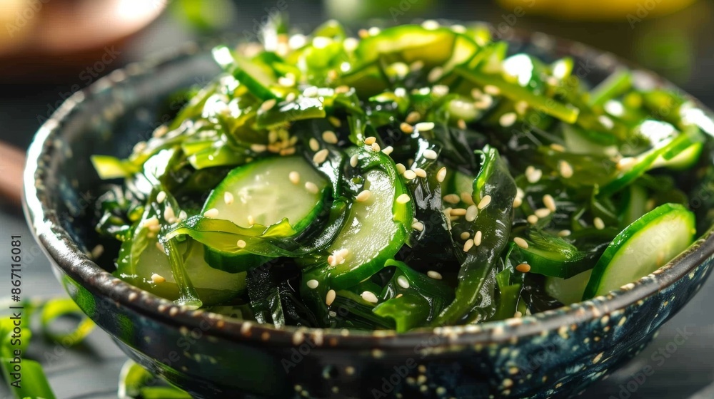 Poster a refreshing and tangy seaweed and cucumber salad filled with an assortment of seaweeds picked fresh