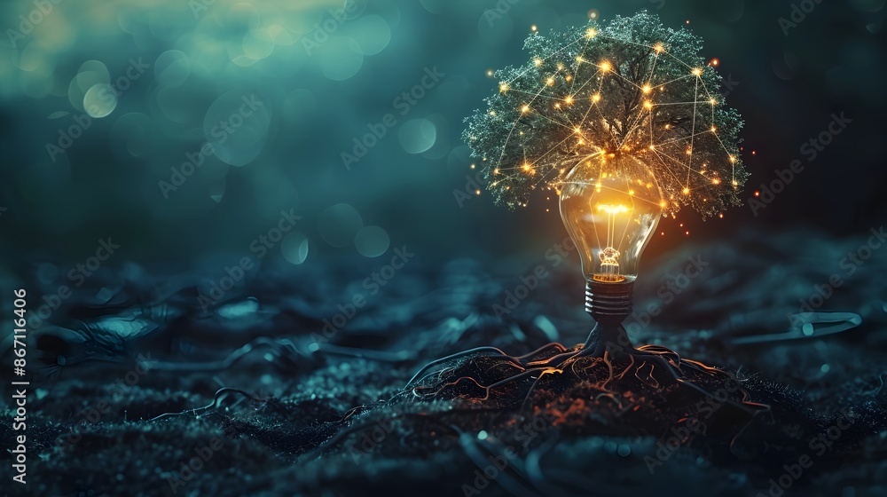 Poster glowing idea tree with spreading roots and networked connections concept