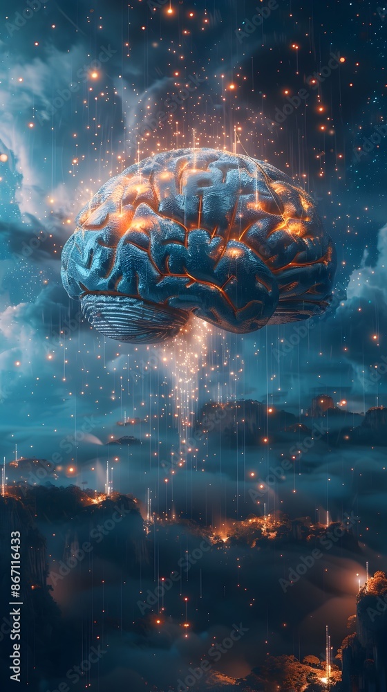 Poster floating digital brain with interconnected idea islands and neural pathways