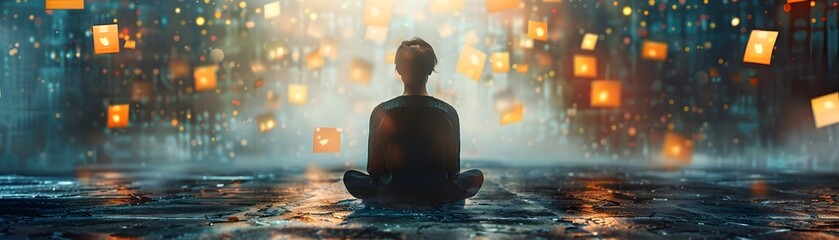 Meditating Person Surrounded by Floating Symbols of Knowledge and Innovation