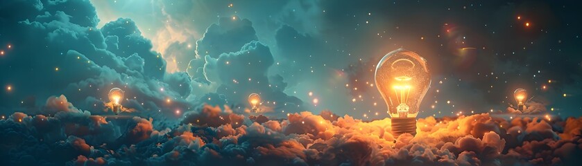 Depiction of a Brainstorming Session with Glowing Lightbulbs and Thought Clouds Above a Collaborative Group