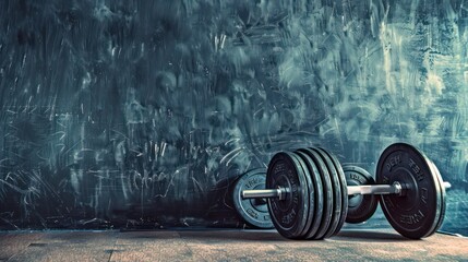 Barbell with weights placed against a chalkboard in a gym setting.