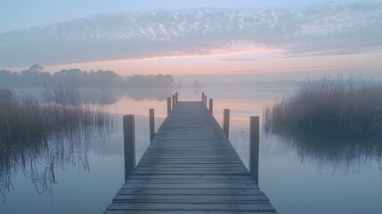 Naklejka premium A serene lakeside dock at dawn, reflecting the soft pastel colors of the sky in the still water, capturing a peaceful moment of solitude.