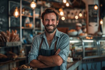 Obraz premium Portrait of a happy barista smiling with arms crossed in his coffee shop