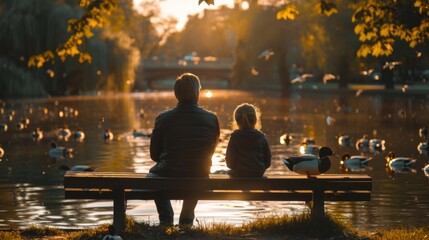 Sunset Serenity: A Father and Daughter Enjoying the Tranquility of a Pond