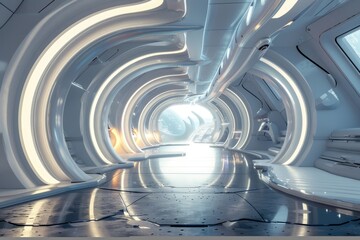 Obraz premium Futuristic spaceship interior hallway with bright light. Concept of science fiction, interstellar travel, and advanced technology.