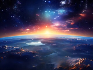 Fototapeta premium Breathtaking view of earth from space, capturing sunrise over planet's horizon and expansive starfilled cosmos, showing beauty of universe.