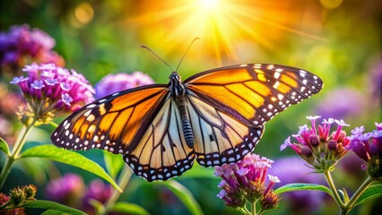 Naklejka premium Delicate wings of a majestic monarch butterfly perched on a vibrant purple flower amidst lush green foliage in warm sunlight.