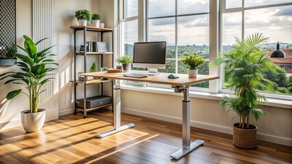 Fototapeta premium Modern ergonomic electric adjustable standing desk with built-in cable management in a small, organized, well-lit home office workspace.