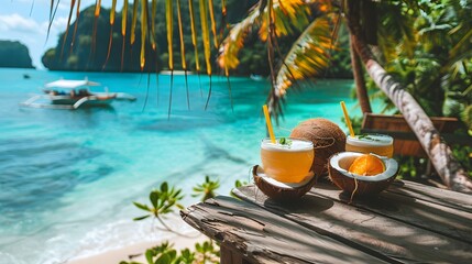 Obraz premium A tropical paradise with palm trees, crystal clear blue water and sandy beaches, featuring coconut drinks on wooden tables overlooking the sea.