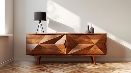 A walnut sideboard with geometric shapes and symmetrical design elements, showcasing mid-century modern style in an empty room.