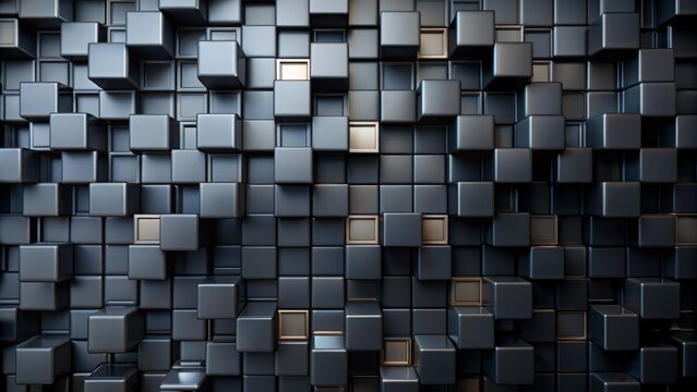 Dark geometric mosaic of randomly arranged black 3D square blocks creating a futuristic abstract background for corporate designs.