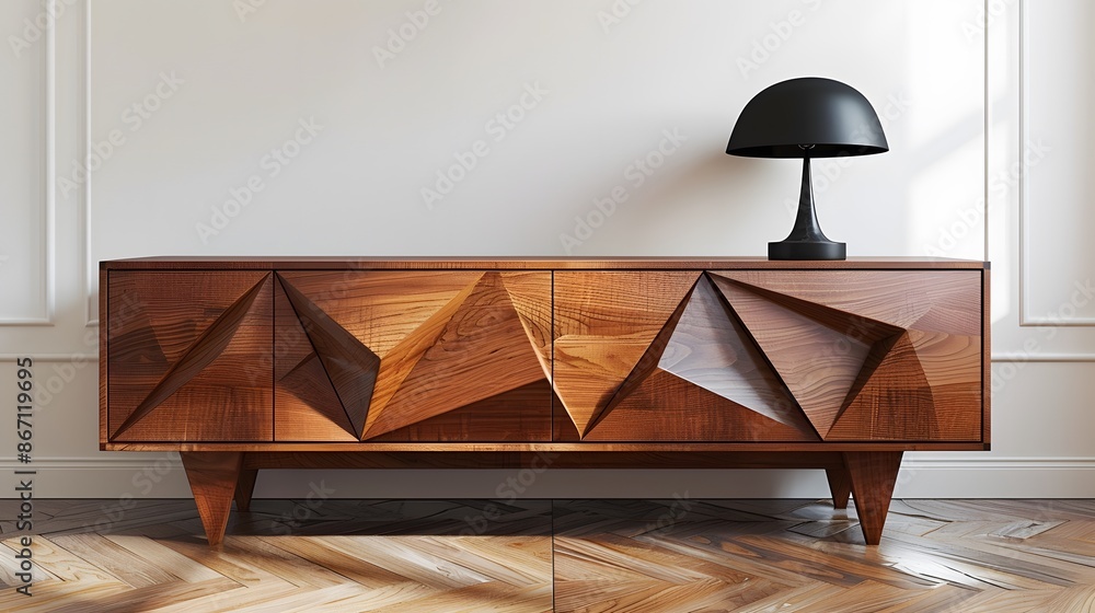 Wall mural A walnut sideboard with geometric shapes and symmetrical design elements, showcasing mid-century modern style in an empty room. - Wall murals