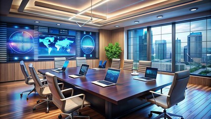 Modern sleek conference room with futuristic digital displays, laptops, and tablets, surrounded by charts, graphs, and financial reports.