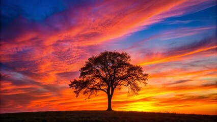 Obraz premium Vibrant orange and pink hues of a serene sunset silhouette a lonely tree against a tranquil, cloudless evening sky.