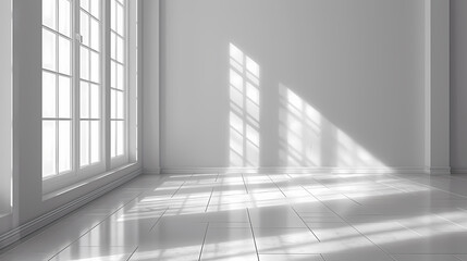 Obraz premium Minimalist room with large windows casting natural light and shadows on clean white tile floor.