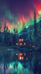 Fototapeta premium A cozy cabin nestled in a snowy forest, illuminated by the vibrant colors of the aurora borealis reflected in a still lake.