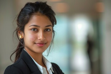 Obraz premium Portrait of a young businesswoman smiling in a modern office building