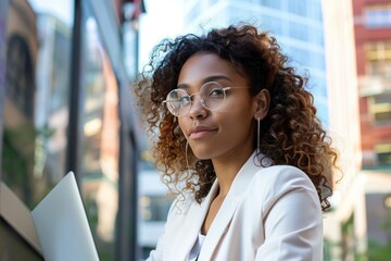 Young businesswoman is working remotely, holding her laptop while standing outside an office building