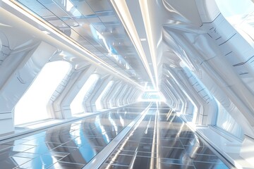 Futuristic white spaceship interior hallway with glass floor and blue accents. Concept of science fiction, space travel, and technology.