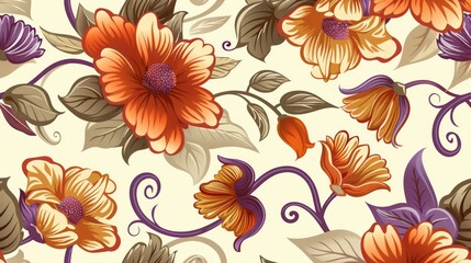 Vibrant floral pattern with bold flowers and leaves on beige background.