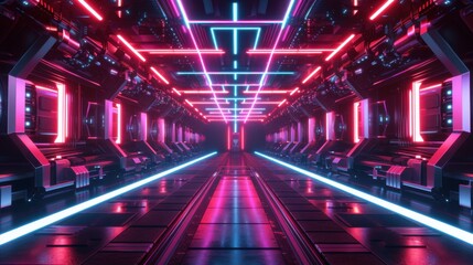 Futuristic Neon Corridor. Sci-Fi Spacecraft or Cyberpunk Cityscape