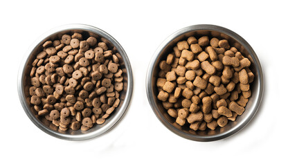 Fototapeta premium Kibble and canned dog food in bowls. Two types of dog food isolated on a transparent background