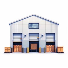 Modern warehouse with shutter doors and loading docks. Ideal for logistics, storage, distribution, and industrial applications.