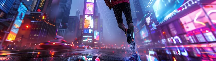 Fototapeta premium A person walks through a bustling city street, with colorful neon lights reflecting in puddles.