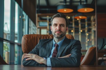 Portrait of a confident businessman sitting with arms crossed in modern office